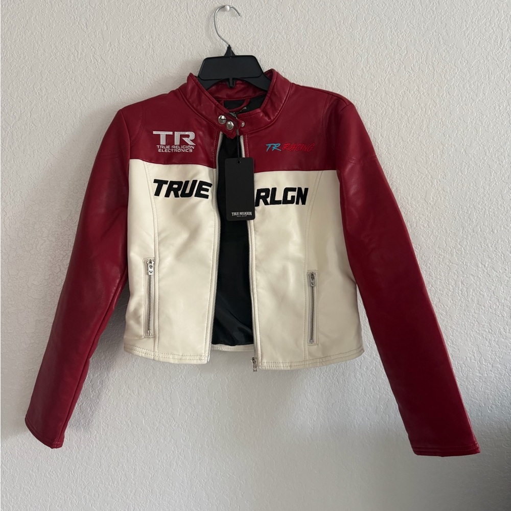 True Religion Women's Leather Jacket in Red and White